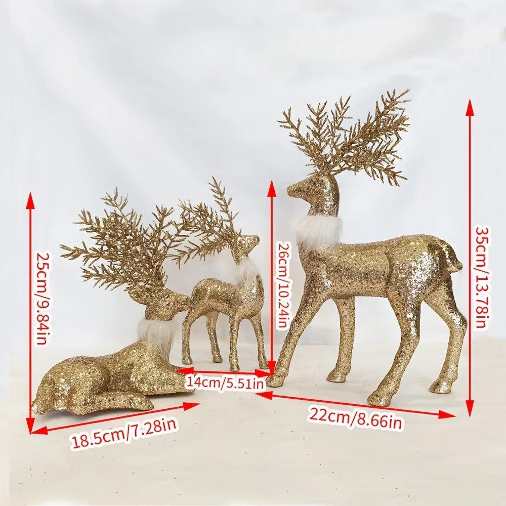 Golden Reindeer Statue Set of 3 with Christmas Theme
