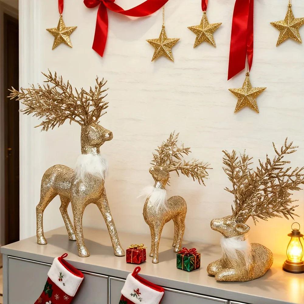 Golden Reindeer Statue Set of 3 with Christmas Theme