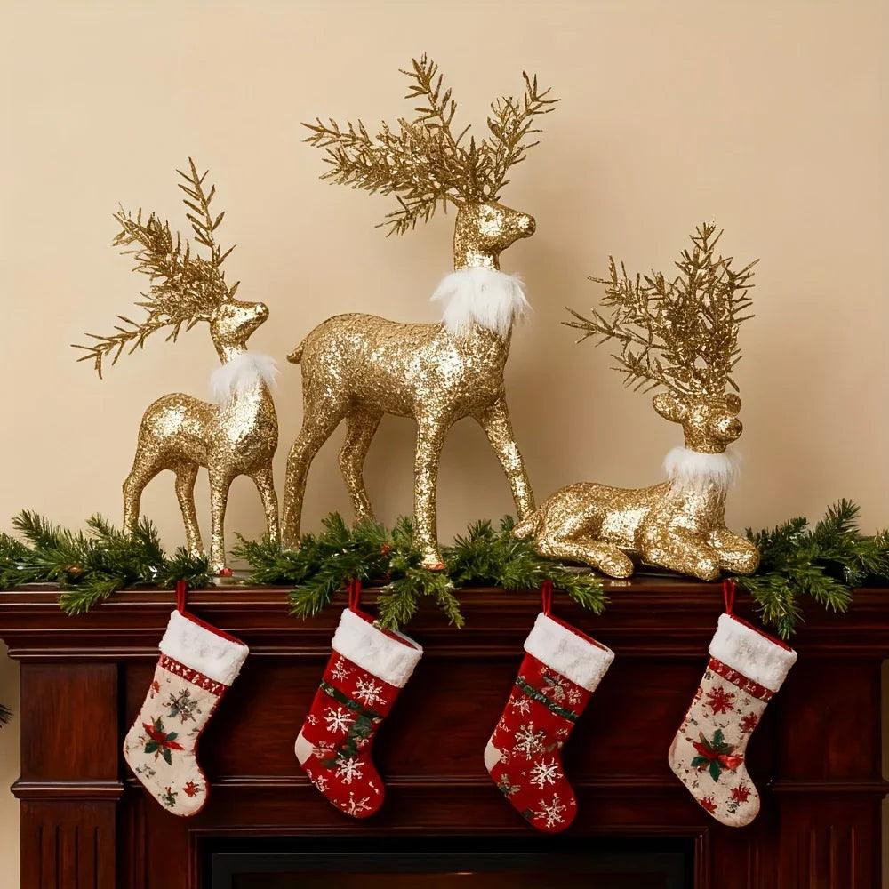 Golden Reindeer Statue Set of 3 with Christmas Theme