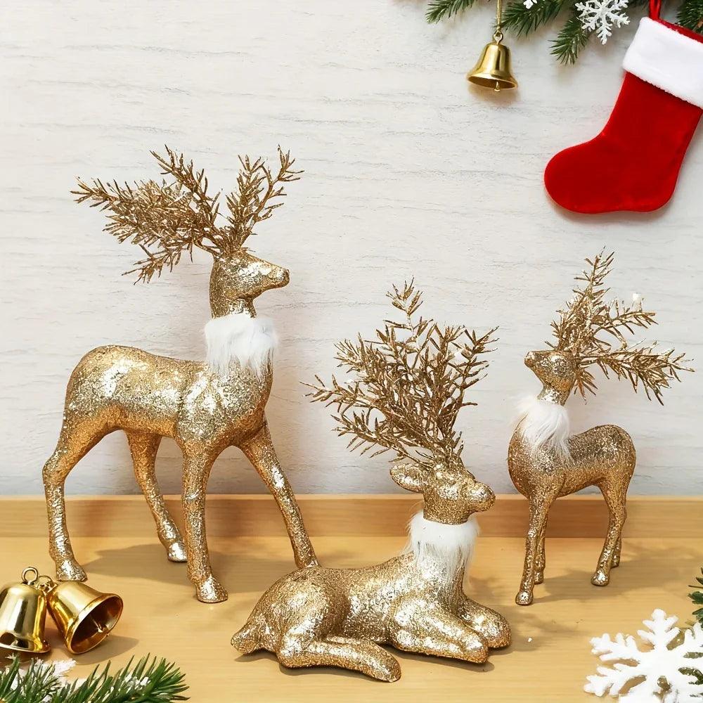 Golden Reindeer Statue Set of 3 with Christmas Theme