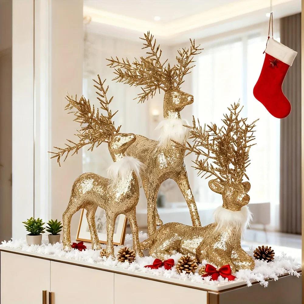 Golden Reindeer Statue Set of 3 with Christmas Theme