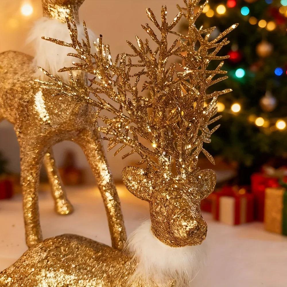 Golden Reindeer Statue Set of 3 with Christmas Theme