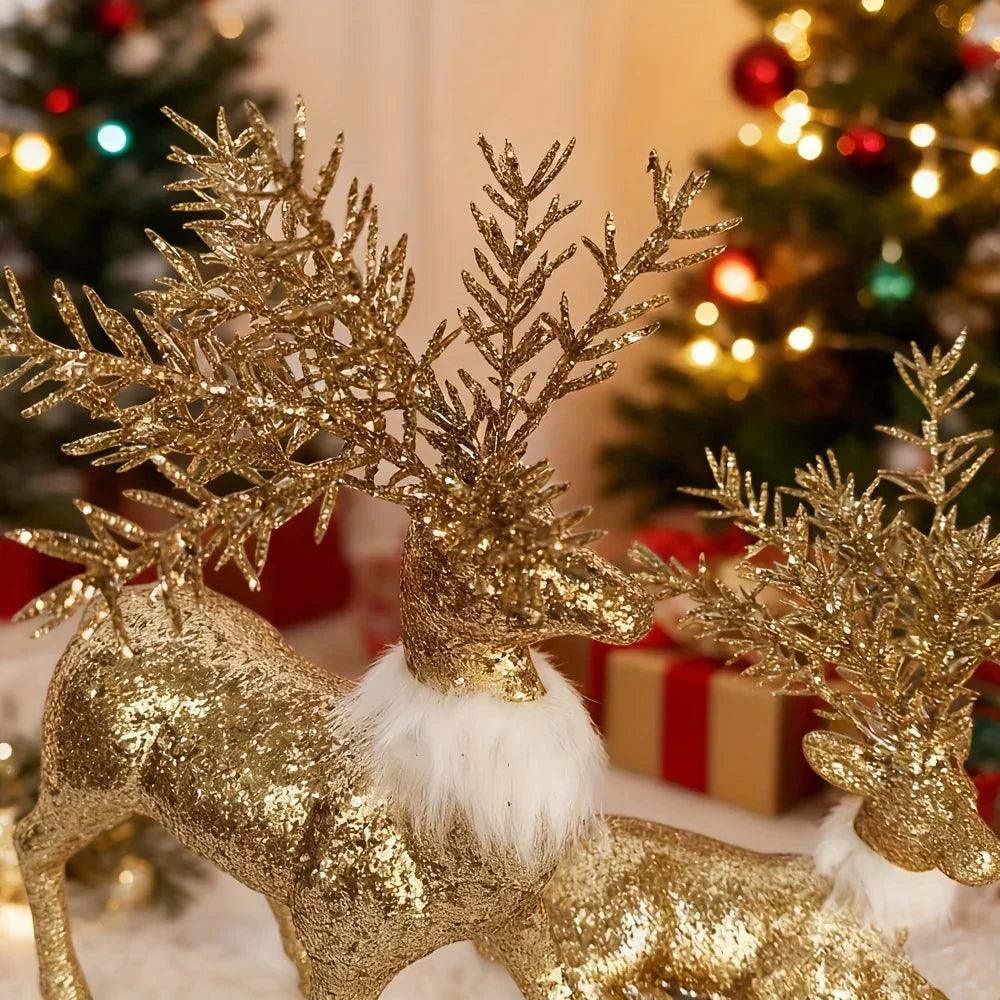 Golden Reindeer Statue Set of 3 with Christmas Theme