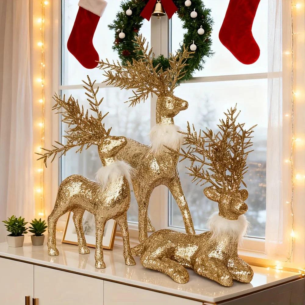 Golden Reindeer Statue Set of 3 with Christmas Theme