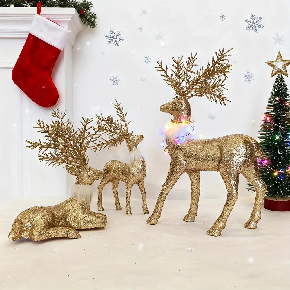 Golden Reindeer Statue Set of 3 with Christmas Theme