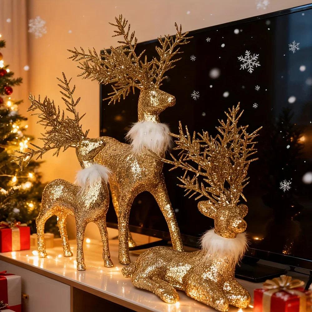 Golden Reindeer Statue Set of 3 with Christmas Theme