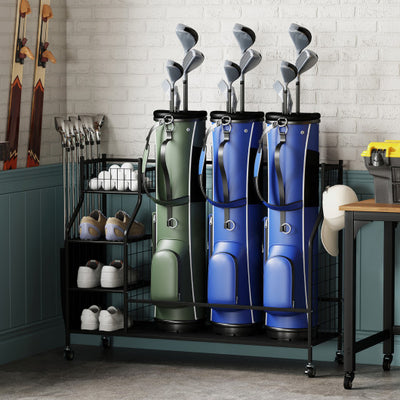 Golf Bag Organizer 3 Golf Bag Stand with Lockable Wheels and Hooks-Black