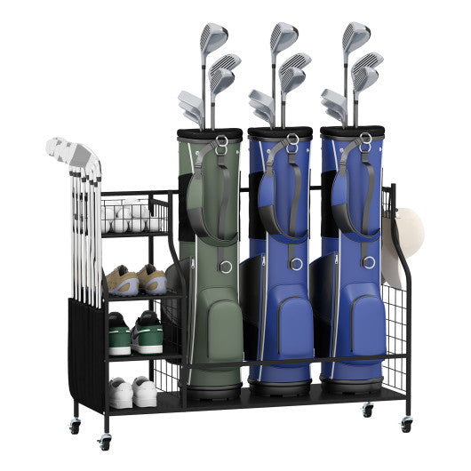Golf Bag Organizer 3 Golf Bag Stand with Lockable Wheels and Hooks-Black
