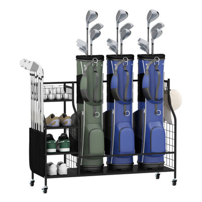 Golf Bag Organizer 3 Golf Bag Stand with Lockable Wheels and Hooks-Black