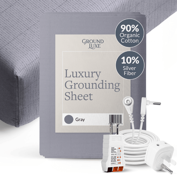 Gray grounding sheet with packaging and accessories on a white background