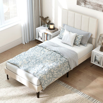 Gray Linen Upholstered Platform Bed with Height Adjustable Vertical Channel Headboard-Twin Size