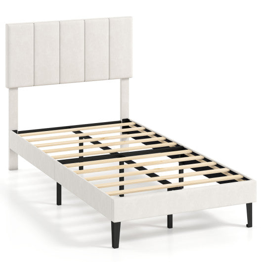 Gray Linen Upholstered Platform Bed with Height Adjustable Vertical Channel Headboard-Twin Size