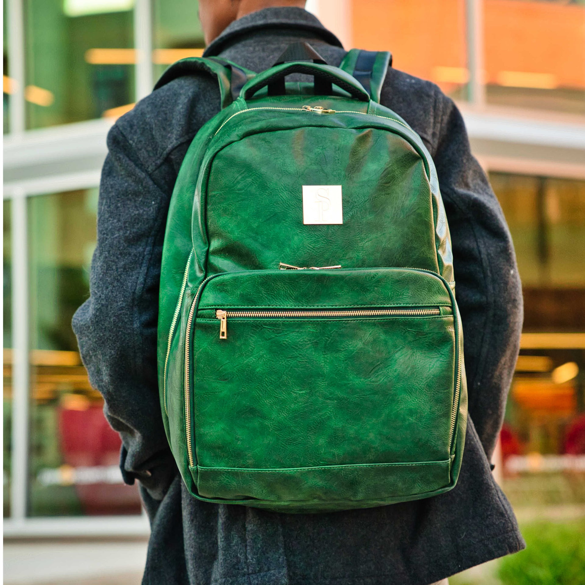 Emerald Green Leather 2 Bag Set (Commuter Backpack and Duffle) Sole Premise