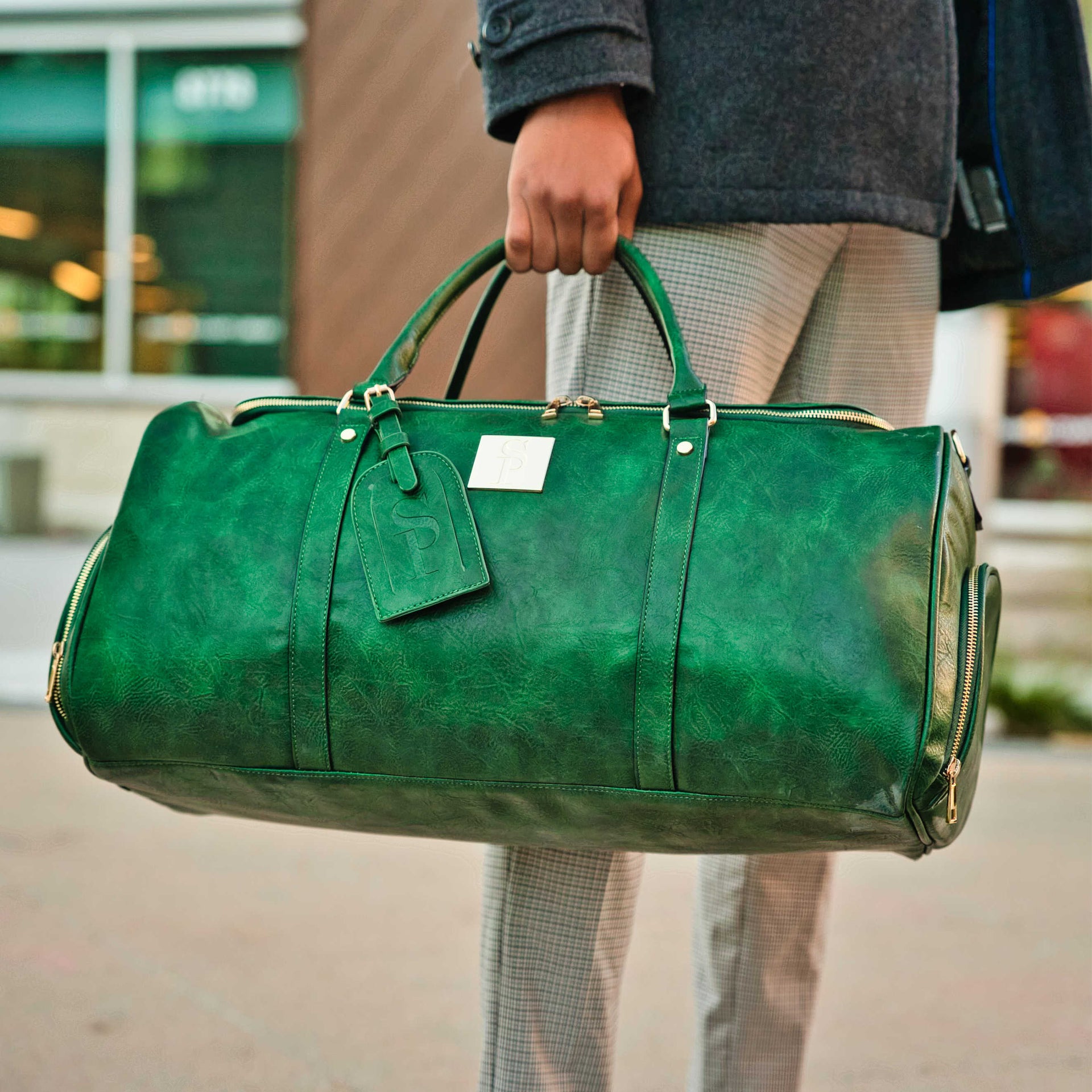 Emerald Green Leather 2 Bag Set (Commuter Backpack and Duffle) Sole Premise