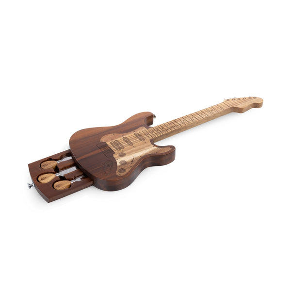 Wooden guitar with a smaller model of itself on a white background