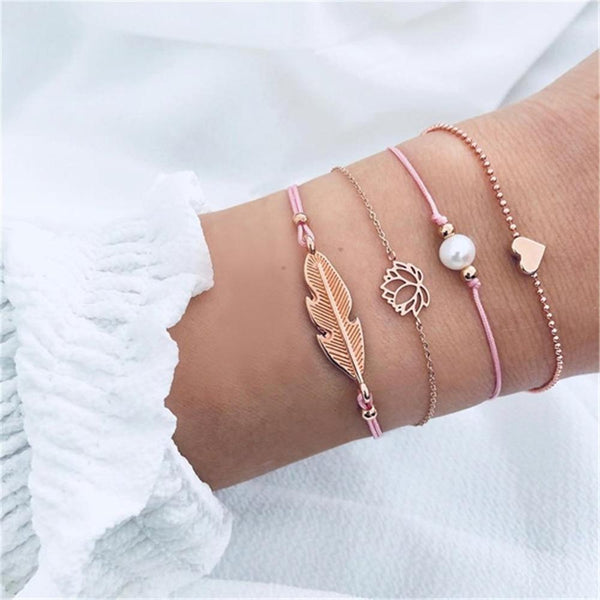Fashion Bohemia Leaf Round Knot Cuff Bangle Gold Chain Charm Bracelet  for Women Simple Geometric Bracelets Luxury Jewelry