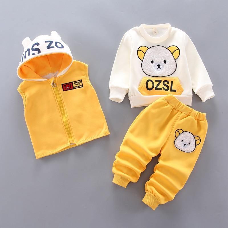 Modern Fashion Cotton Thick Warm Casual Hooded Sweater Cartoon Cute Bear Three-piece Suit For Baby Boy & Girl
