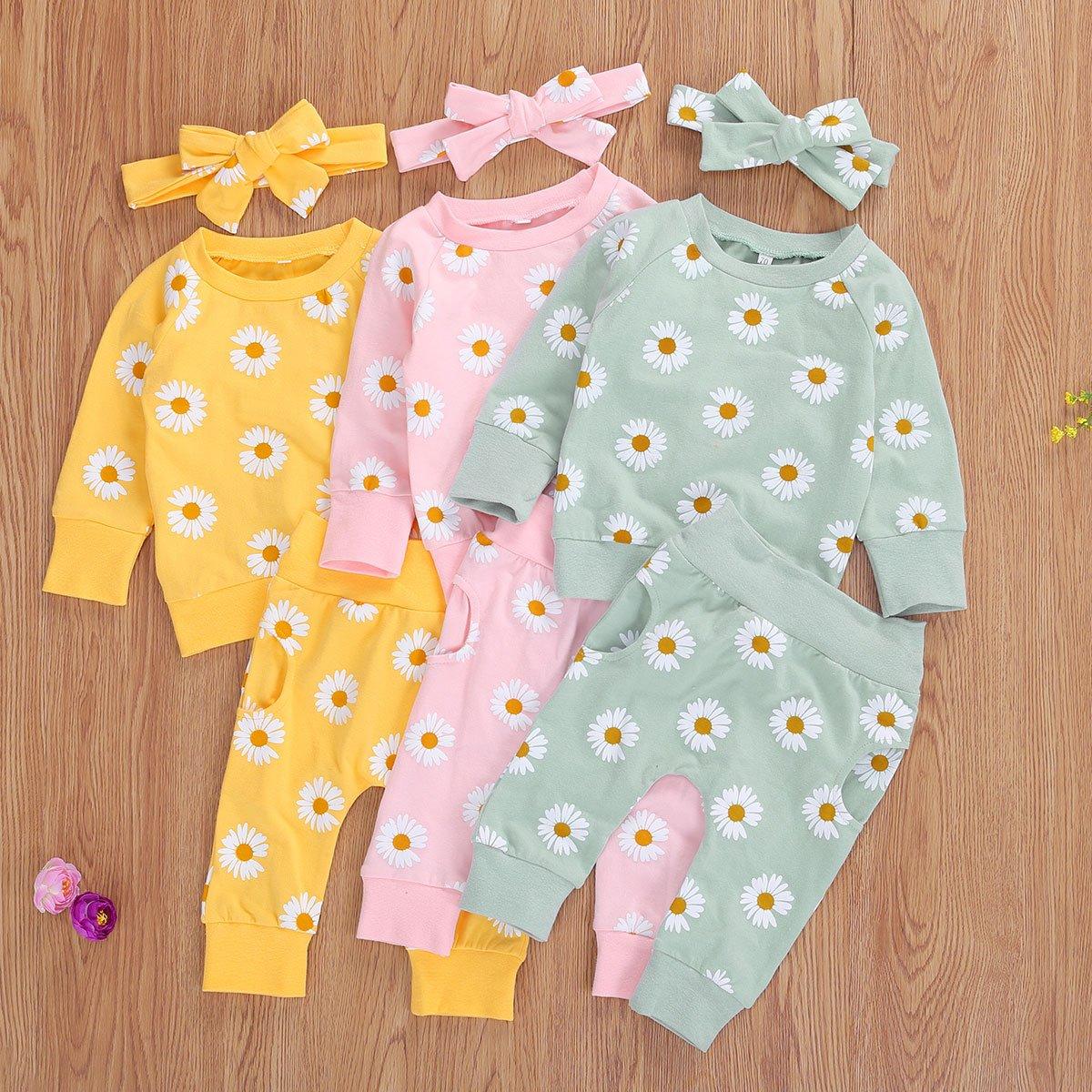 Newborn Baby Girl Two Pieces Set Long Sleeve Top Pant Headband Clothing Sets Perfect Gift For Kids