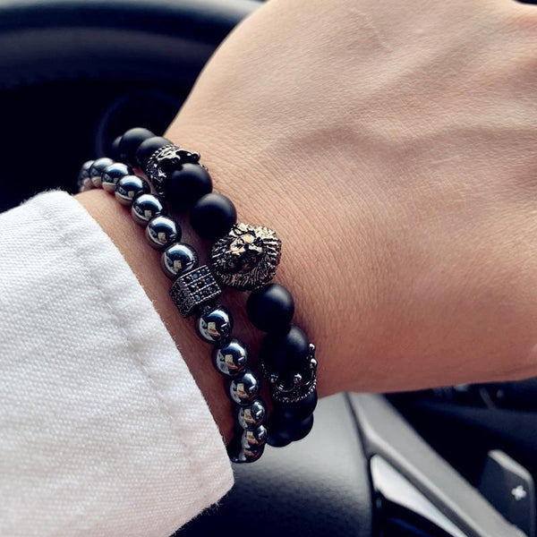 Modern New Fashion Crown And Lion Charm Elegant Bracelet For Men Classic Matte And Lava Stone Set Luxury Bracelet For Men Pave CZ Jewelry Gift