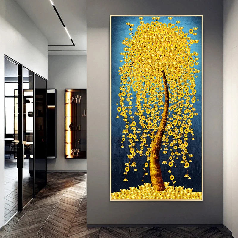Abstract Golden Rich Tree Money Tree Oil Paintings on Canvas Poster Modern Landscape Wall Art Picture Print Home Decor No Frame