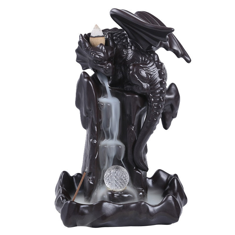 Dragon Waterfall Backflow Incense Burner Holder With LED Light Zen Crystal Ball