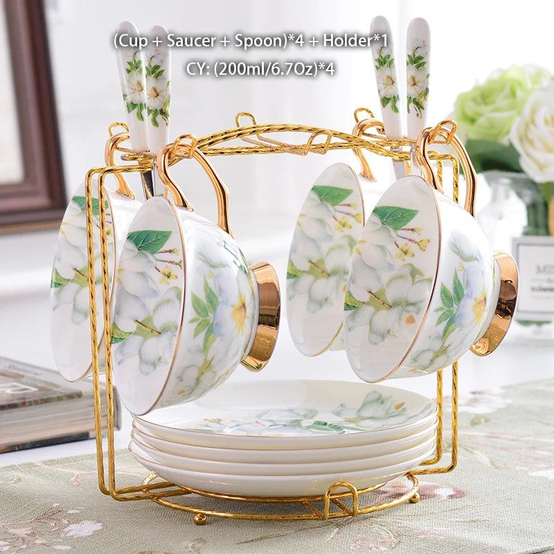Camellia Bone China Coffee Set British Porcelain Tea Set Ceramic Pot Creamer Sugar Bowl Teatime Teapot Coffee Cup Mug Coffeeware