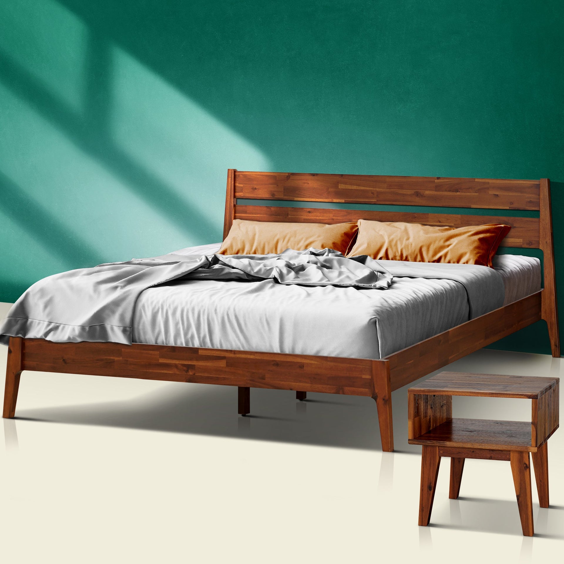 Acacia Callisto Solid Wood  Bed Frame and Nightstand Bedroom Set