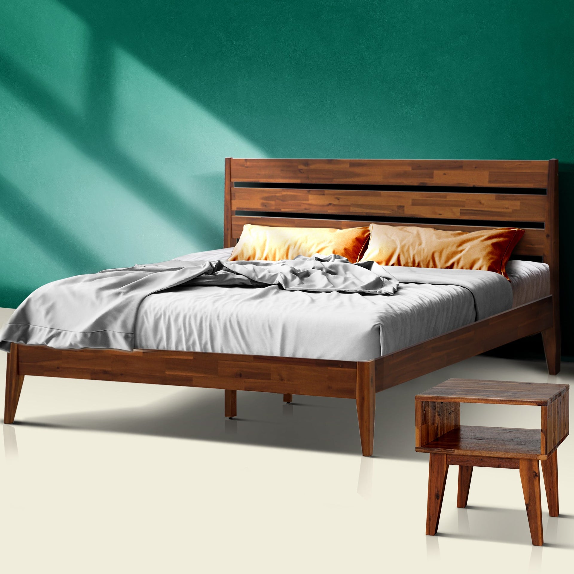 Acacia Emery Solid Wood Bed Frame & Nightstand Bedroom Set