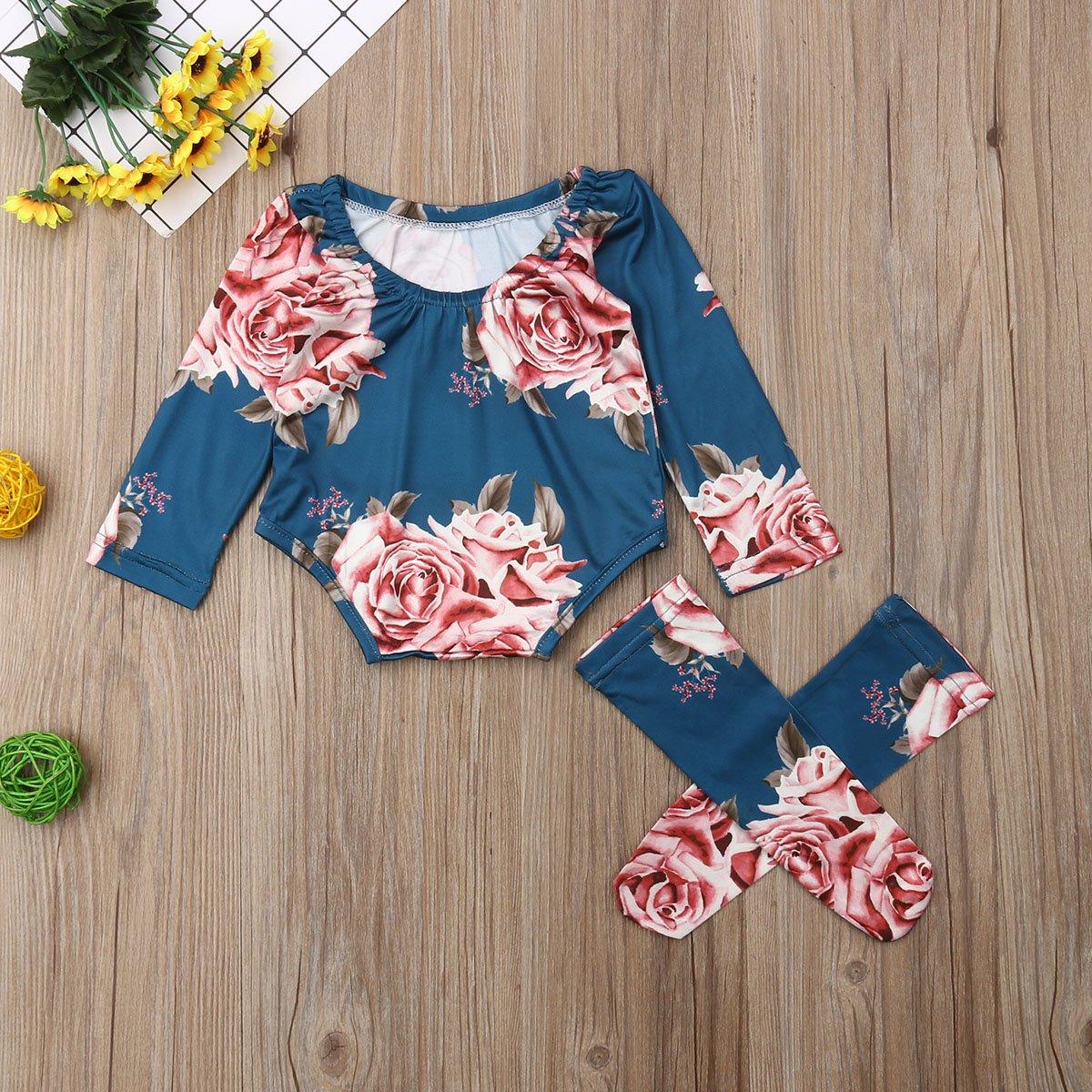 Newborn Baby Girls Floral Clothes Spring Autumn Long Sleeve Romper Warm Leg Socks Outfits Romer and Jumpsuit For Kids With Socks in Floral Design