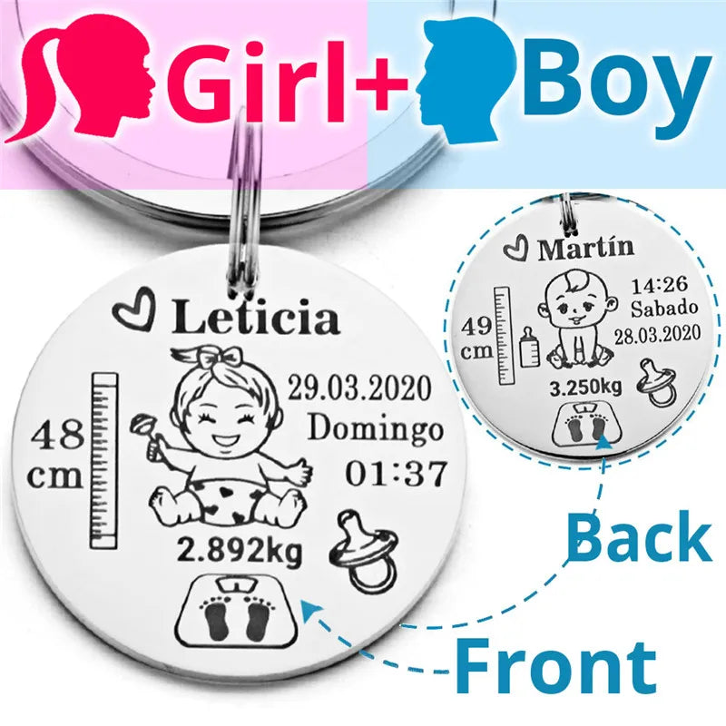 Lovely Personalized Baby Boys Girls Keychain  Name Birth Weight Height For Newborn Commemorate New Mom Dad Gift Keyring P026_C
