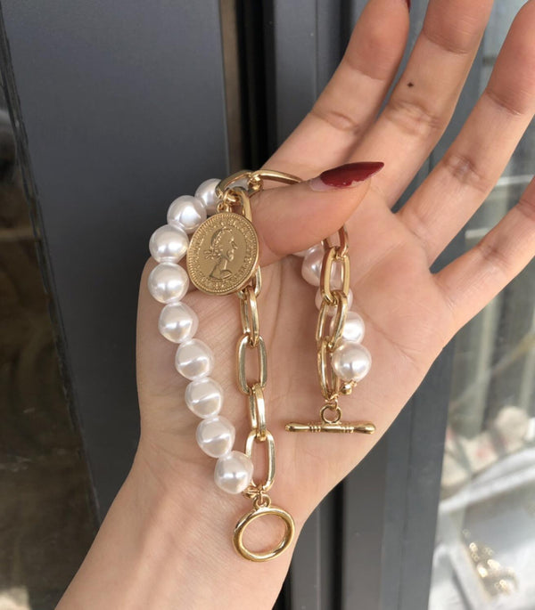 New Handmade Imitation Pearls Gold Metal Link Chain Bracelets for Women Girl Summer Party Luxury Jewelry Gift