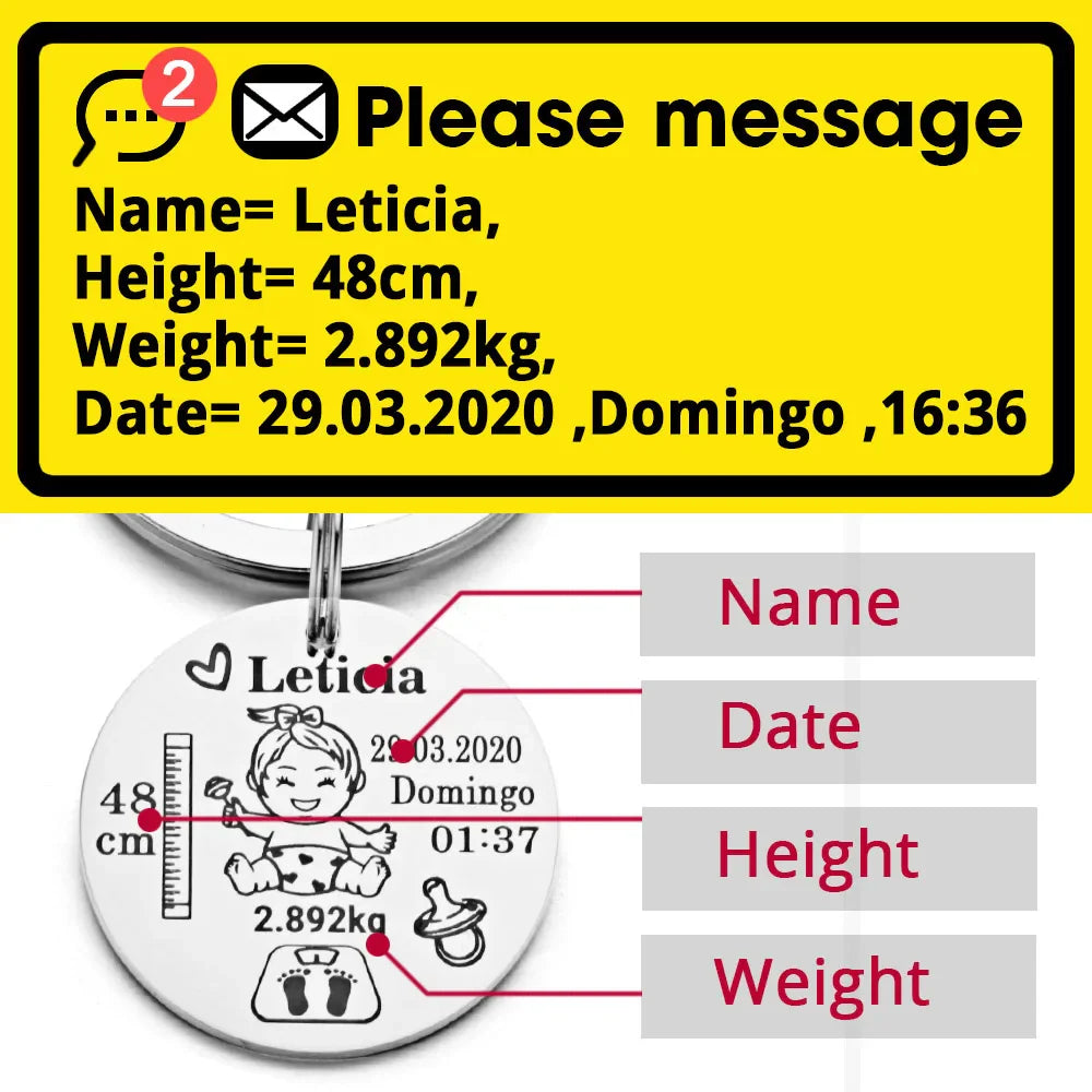 Lovely Personalized Baby Boys Girls Keychain  Name Birth Weight Height For Newborn Commemorate New Mom Dad Gift Keyring P026_C