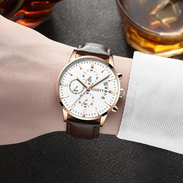 Watches men Fashion Sport Stainless Steel Case Leather Band watch Quartz Business Wristwatch For Men's and Boys