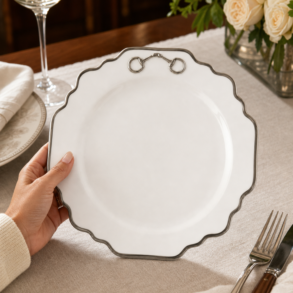 Pewter Bit Bone China Scallop Salad / Dessert Plate Platinum Rim