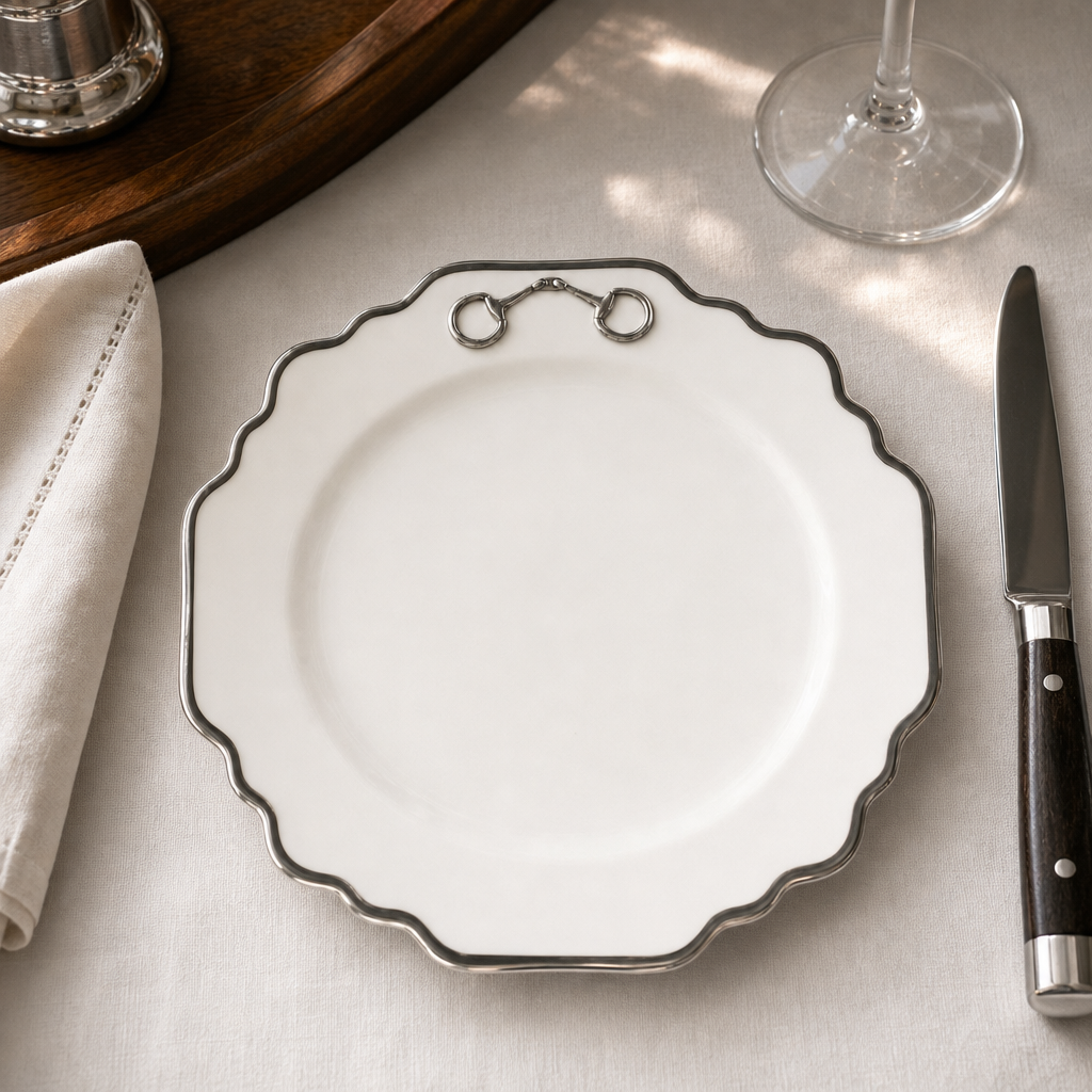 Pewter Bit Bone China Scallop Salad / Dessert Plate Platinum Rim