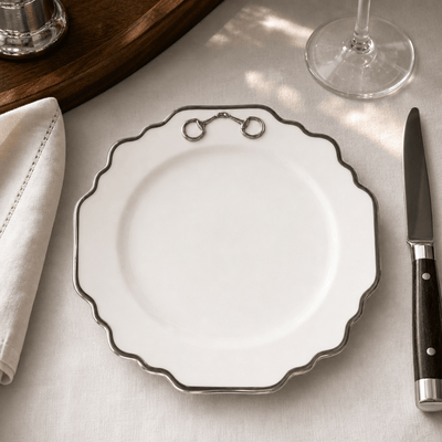 Pewter Bit Bone China Scallop Salad / Dessert Plate Platinum Rim