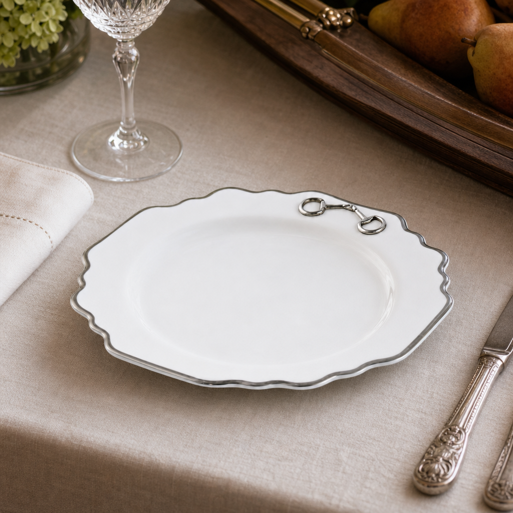 Pewter Bit Bone China Scallop Salad / Dessert Plate Platinum Rim