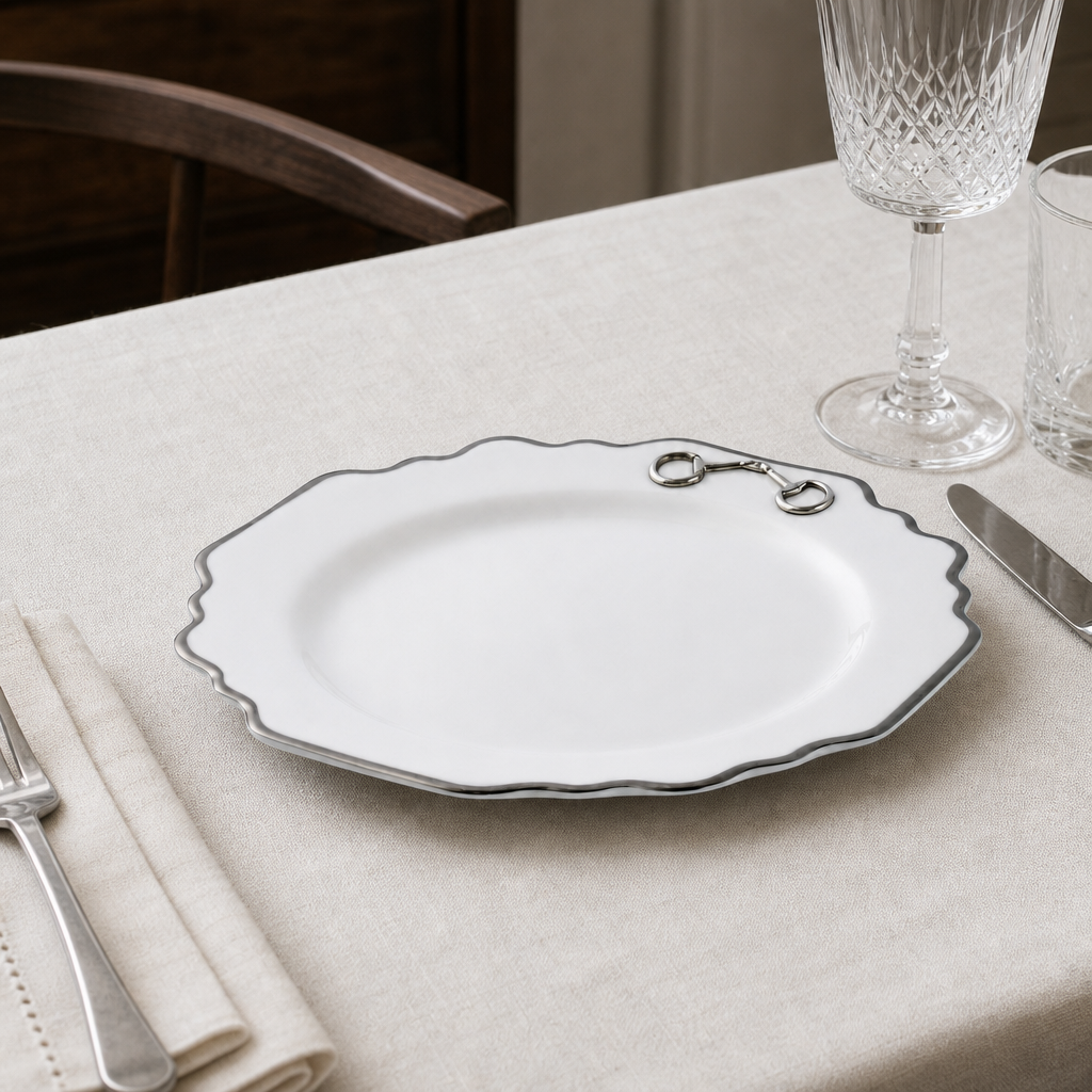 Pewter Bit Bone China Scallop Salad / Dessert Plate Platinum Rim