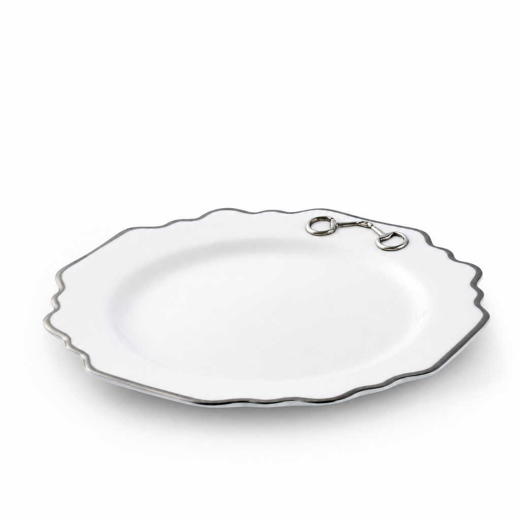 Pewter Bit Bone China Scallop Salad / Dessert Plate Platinum Rim