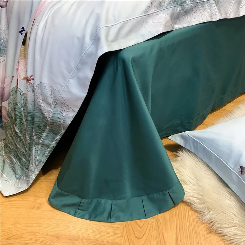 Vintage Chic Green Pink Peacock Lotus Leaves Duvet Cover 1000TC Egyptian Cotton Vibrant 4Pcs Bedding Set 1Bed Sheet 2Pillowcases