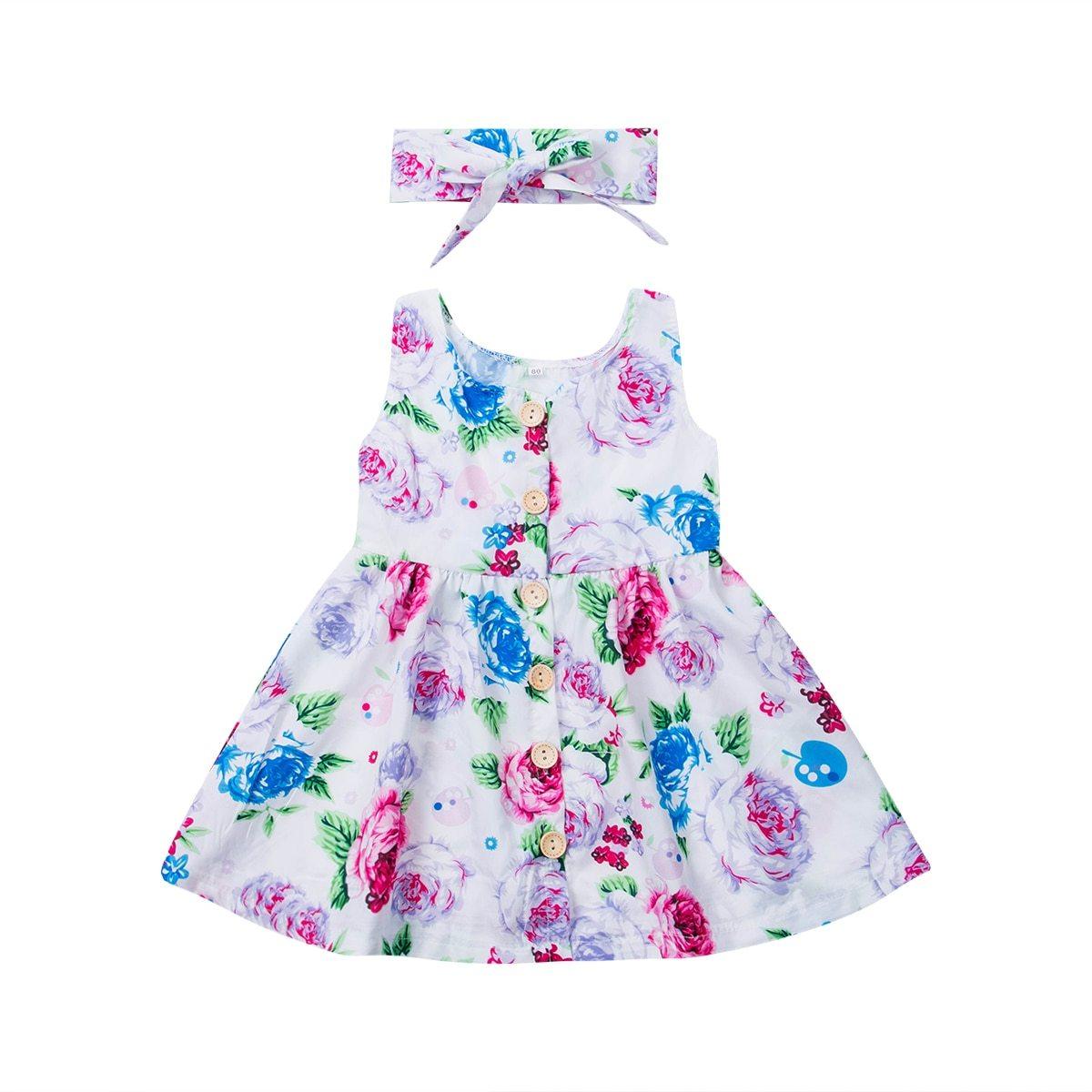 Modern Elegant Baby Girls Kids Summer Floral Dress Princess Party Sleeveless Dresses Headband 2pcs 0-4Y For Party In Flowers Modern Design With Bow