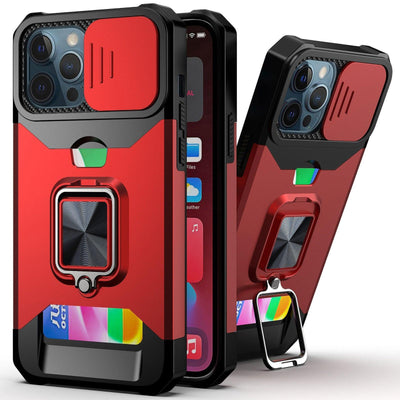 Slide Camera Cover Kickstand Card Wallet Case for iPhone11 X XS 8  Shockproof Protective Phone Case  Wallet Case for iPhone With Sliding Camera Case With Kickstand Magnetic Adjustable Ring Holder