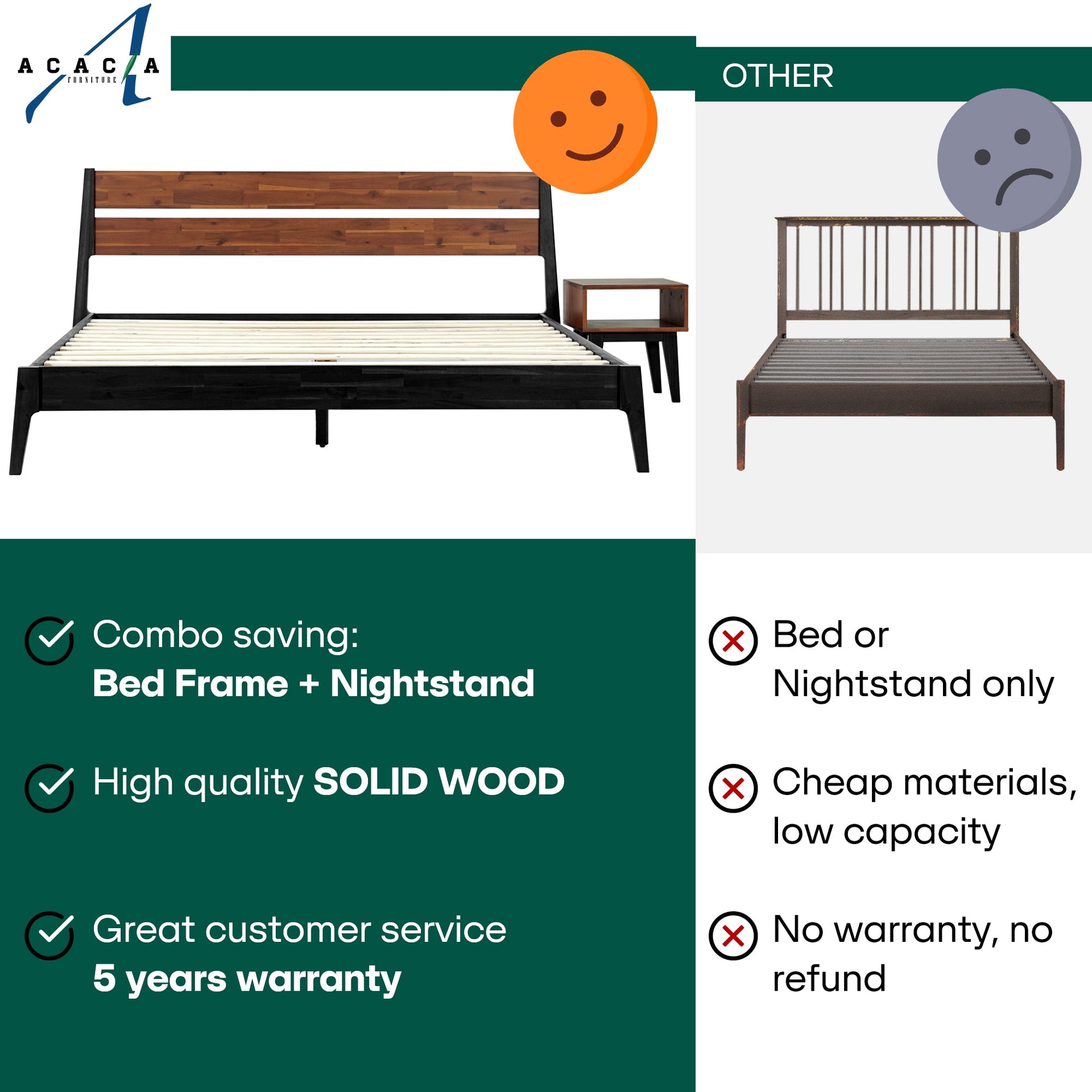 Acacia Callisto Solid Wood  Bed Frame and Nightstand Bedroom Set