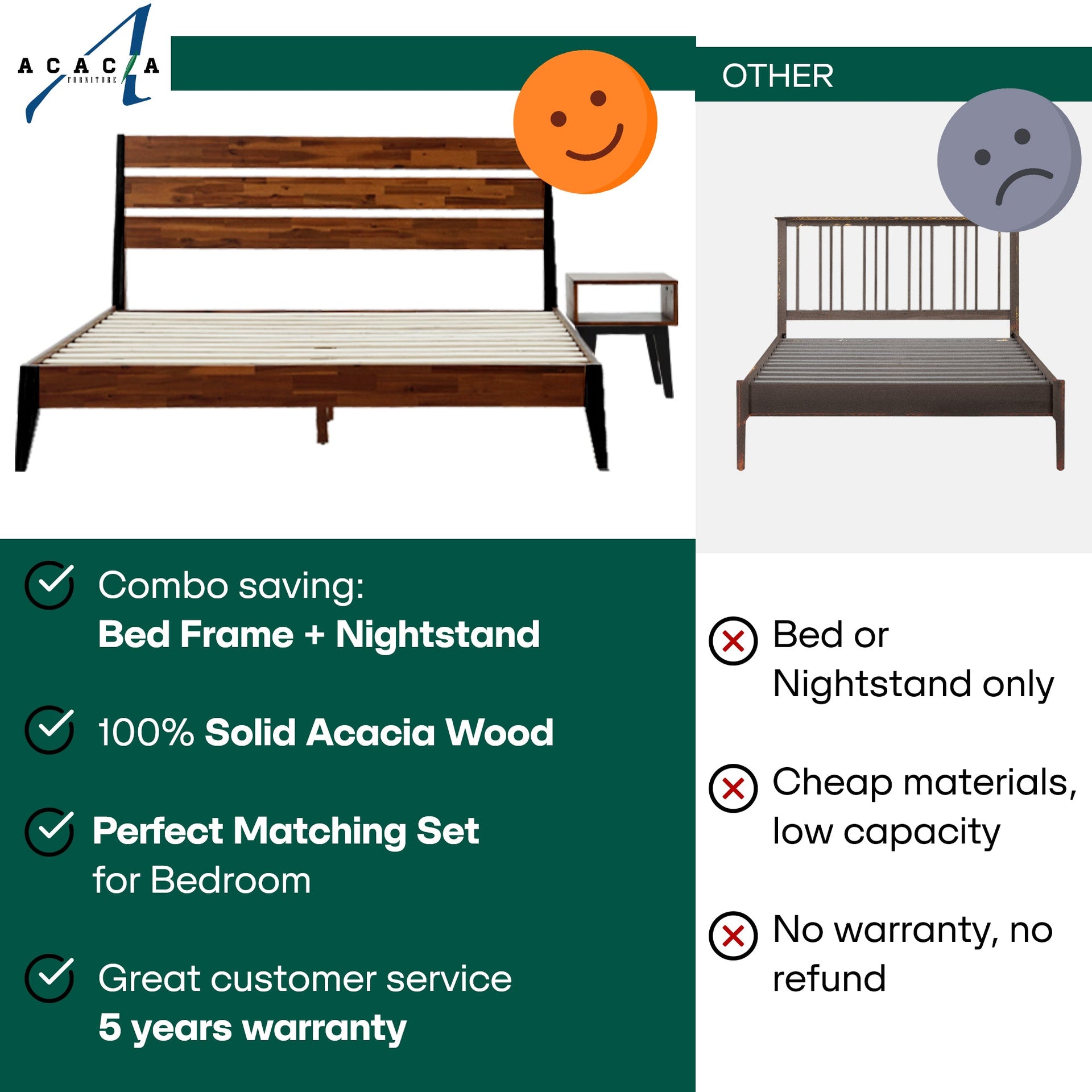 Acacia Emery Solid Wood Bed Frame & Nightstand Bedroom Set