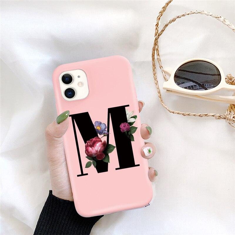 Initial Letter Silicon Phone Case For Iphone  12 Pro Max Retro Pink Flower Soft Back Cover Compatible With Iphone Case Soft Touch Cute Pink Silicone Back Cover For Iphone
