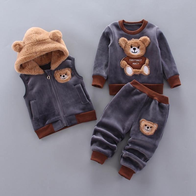 Modern Fashion Cotton Thick Warm Casual Hooded Sweater Cartoon Cute Bear Three-piece Suit For Baby Boy & Girl