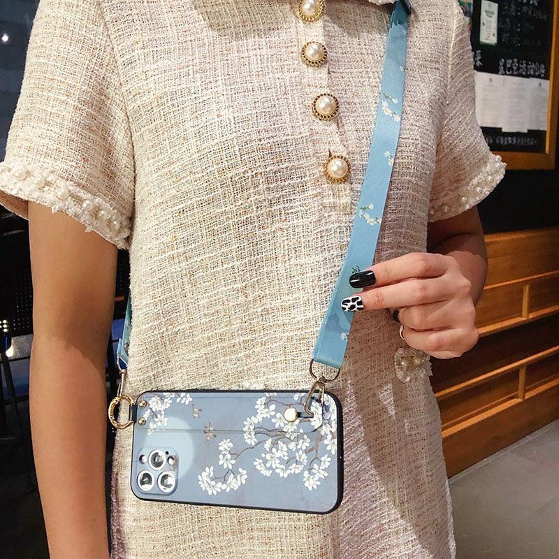 Ultra Luxury Case Cute Flower Design with Ring Kickstand Soft Crossbody Phone Cover for iPhone 13 14 Pro Max Case Fashion Crossbody Shoulder Strap Flower Leaf Phone Holder Cover for iPhone 12 11 X XR XS 7 8 Plus