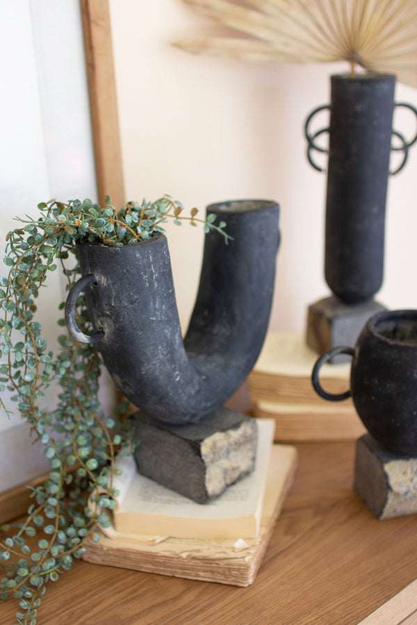 Set of 3 Black Modern Clay Vases on Rock Bases