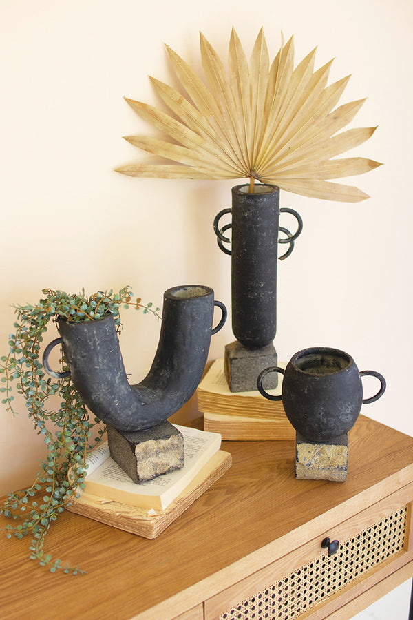 Set of 3 Black Modern Clay Vases on Rock Bases