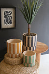 SET OF THREE CLAY PLANTERS WITH STRIPED DETAILS + TRAYS - ONE EACH SIZE